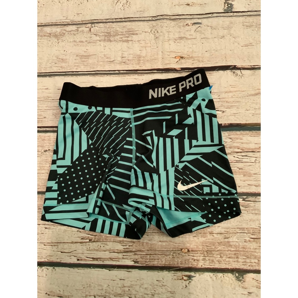 Nike Pro Womens Compression Athletic Shorts Teal Black Geometric Small
